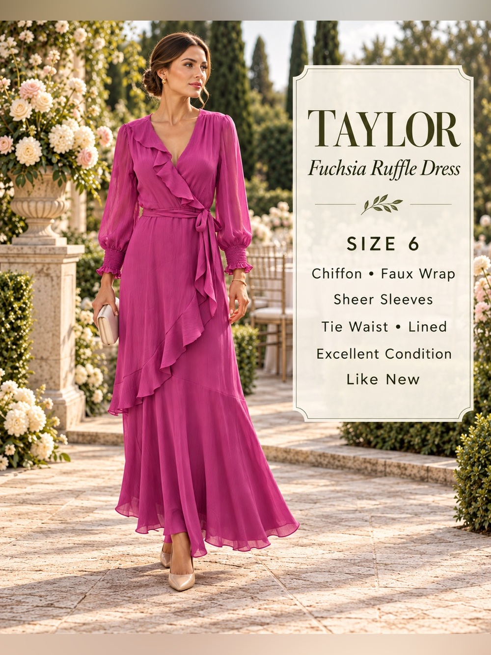 Taylor Fuchsia Chiffon Ruffle Faux Wrap Belted Maxi Dress Size 6
